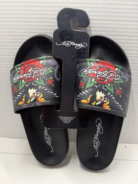 Ed Hardy Traditional Eagle Red Rose Tattoo Green Leaf Slides Sandal Mens Size 10